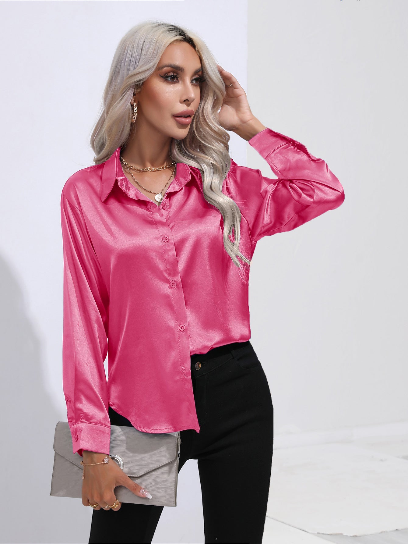 Womens Long Sleeve Satin Shirt