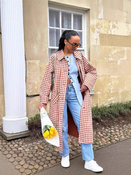Franse retro trenchcoat met ruitjespatroon en revers