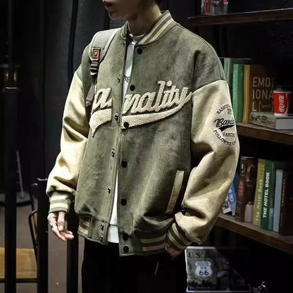 Mens Retro Stand Collar Baseball Jacket