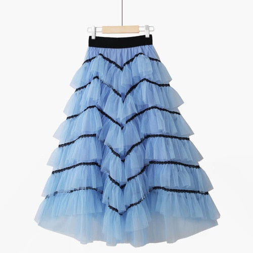 Summer Temperament Fluffy Cakee Tulle Maxi Long Skirt Multi-layered Irregular Fairy Anke Long Mesh Skirt