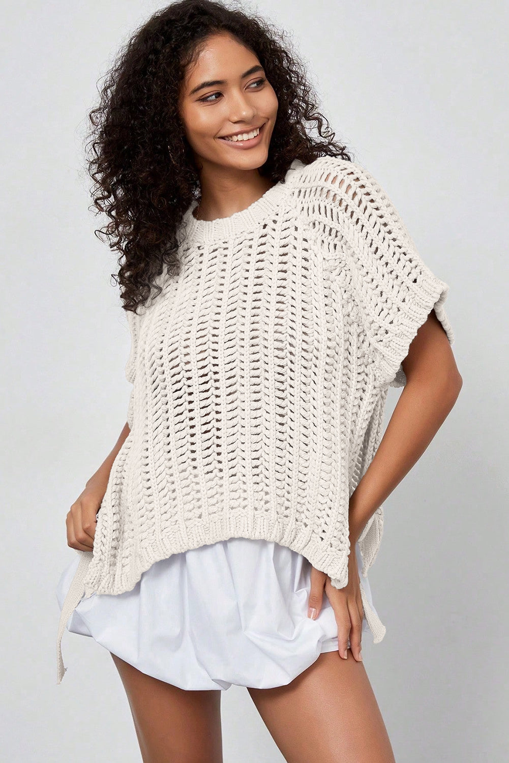 Plus size open gebreide trui met strik en korte mouwen