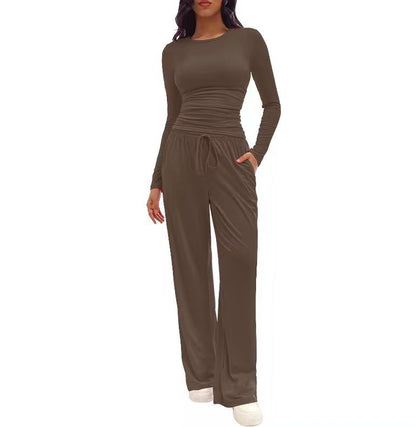 Casual Solid Color Long Sleeve Top & High-Waisted Wide Leg Pants Set Sportswear