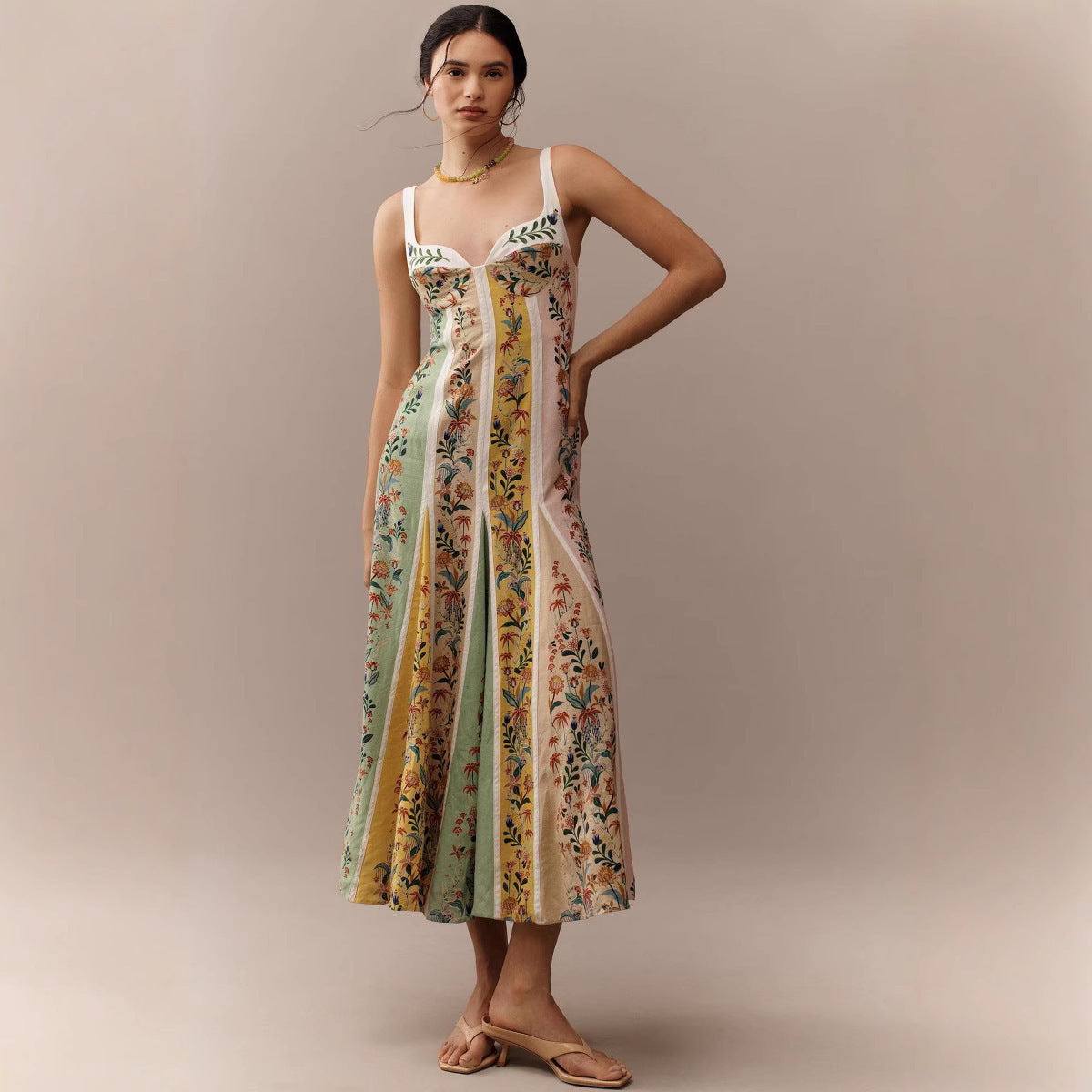Elegant Linen Print Strapless Dress with Loose Fit for Spring and Summer Vacation