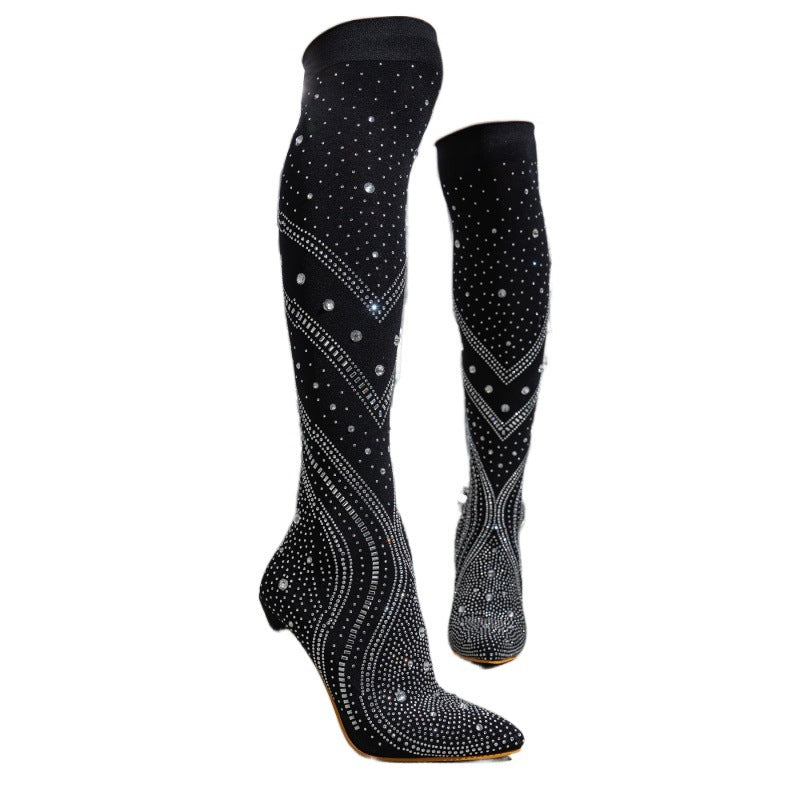 Womens Rhinestone Pointed Toe High Heel Boots