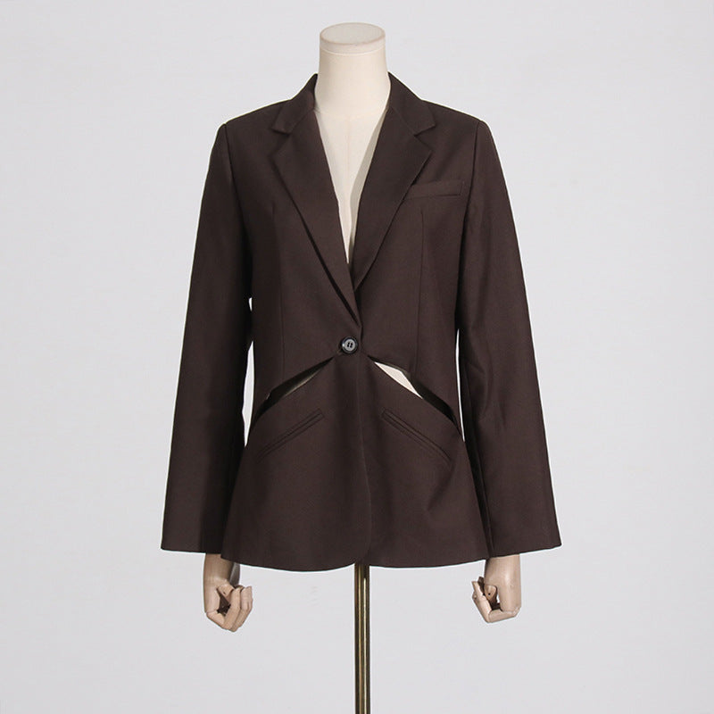 Effe kleur damesblazer met opengewerkte details