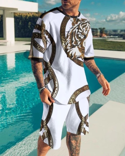 New Men's Korean Suit 3D Printing Trend Digital Printing Round Neck T-Shirt Casual Two-Piece Suit