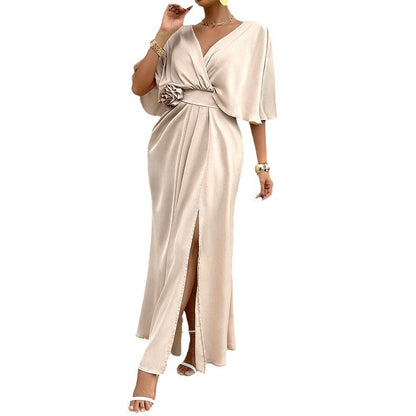 European and American spring and summer women's clothing temperament pure desire V-neck batball sleeve dress
