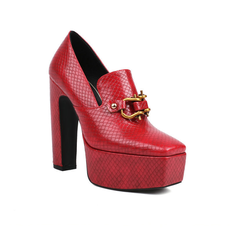 High Heels, Snake Print Square Toe, Thick Sole, Chunky Heel Women's Shoes
