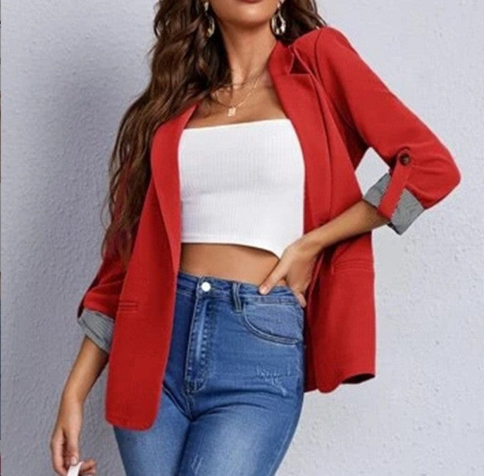 Fashionable Patchwork Notch Lapel Slim Fit Cardigan Suit Coat for Women Autumn Winter Season