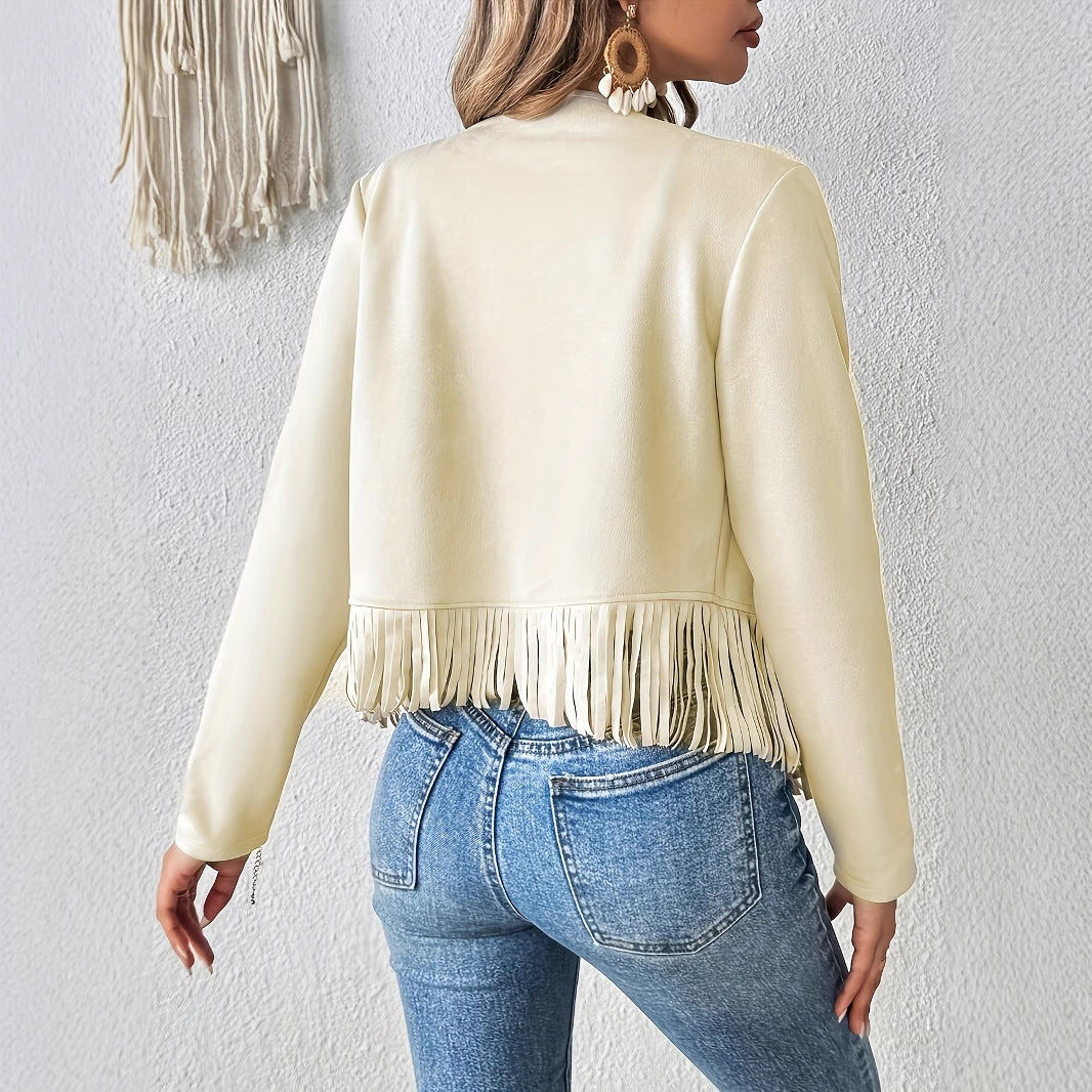 Elegant Solid Color Tassel Trimmed Front-Opening Jacket for Women