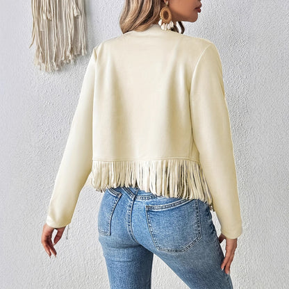 Elegant Solid Color Tassel Trimmed Front-Opening Jacket for Women