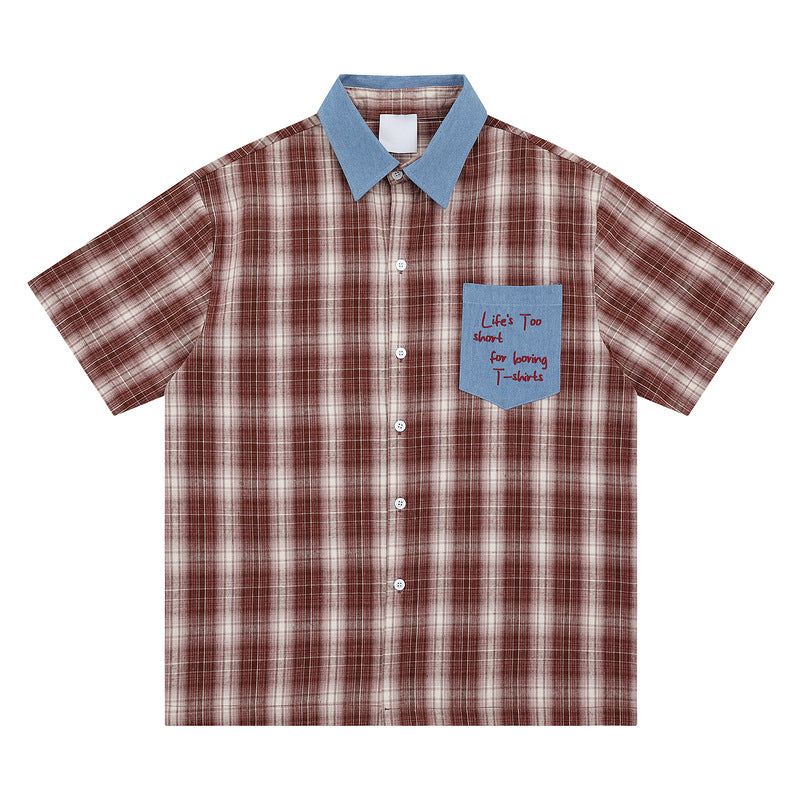 Block Pocket Summer Short Sleeve Shirt Loose Retro Shirt for Couples