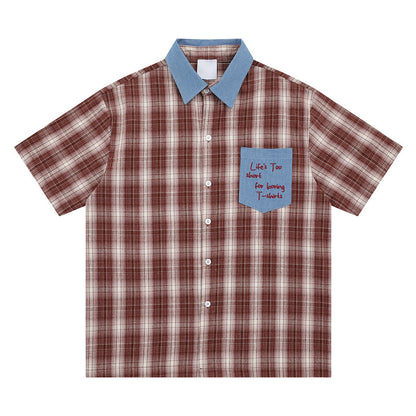 Block Pocket Summer Short Sleeve Shirt Loose Retro Shirt for Couples