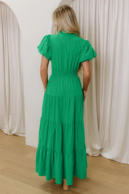 Effen maxi-jurk met V-hals korte pofmouwen en hoge taille