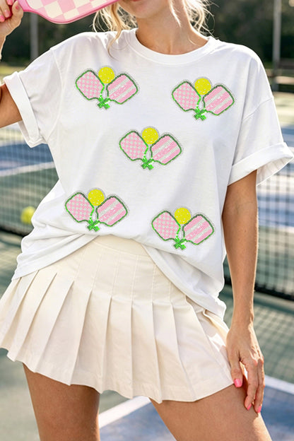 Witte pickleball-T-shirt met paillettenprint