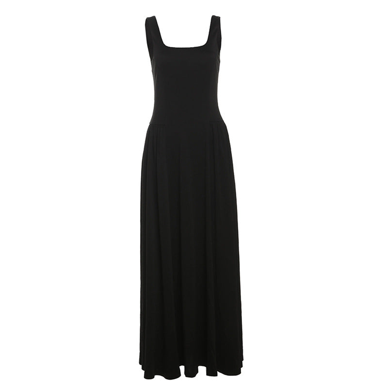 Square collar waist cinching slim fit casual sleeveless jumpsuit long skirt