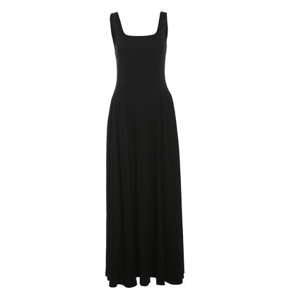 Square collar waist cinching slim fit casual sleeveless jumpsuit long skirt