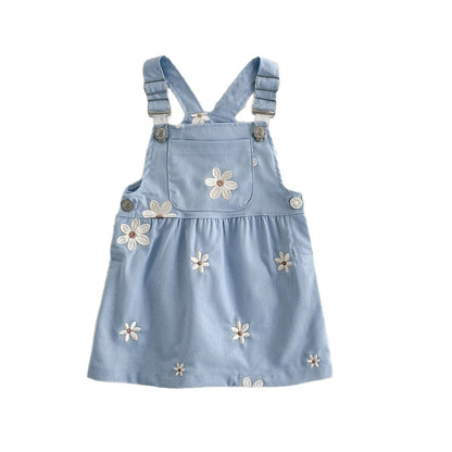 Cute Floral Embroidery Overall Dress Blue Princess Style