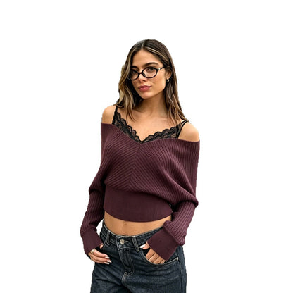 Women's Off-Shoulder Slim Fit Long Sleeve Crop Top Viscose Pullover