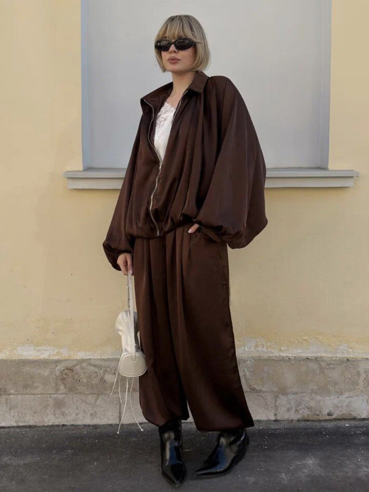 French Style Lapel Zipper Jacket and Pants Set