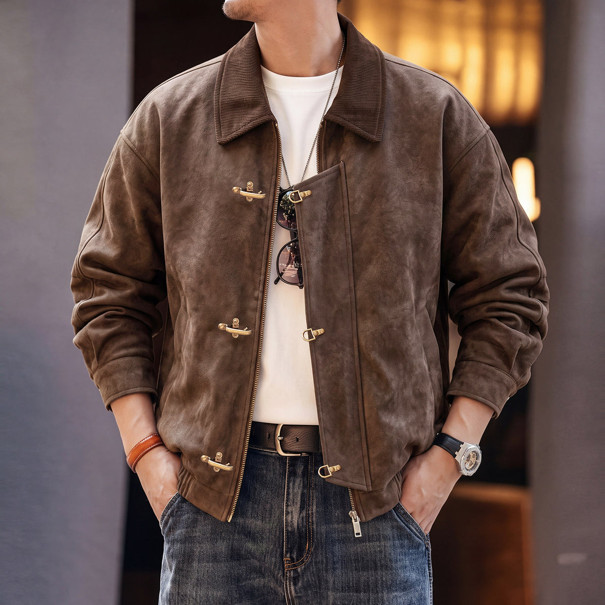Men Vintage Turntable Collar PU Leather Jacket