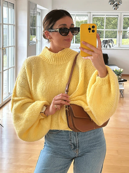 Cross-Border Amazon Foreign Trade New Thick Needle Reverse Bone Knitted Pullover Casual Loose Half Turtleneck Long-Sleeved Sweater for Women