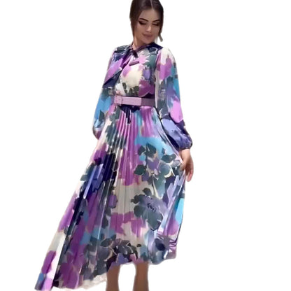Printed Scarf Neck Elegant Design Dress Spring Fitted Waist New Puff Sleeve