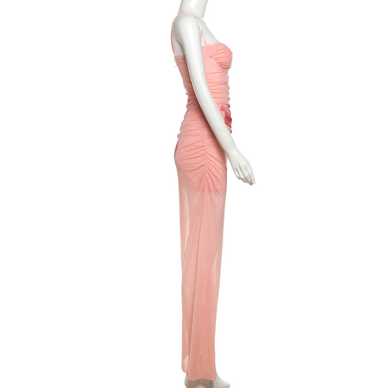 Sexy maxi-jurk met kant mesh spaghettibandjes en geplooide taille