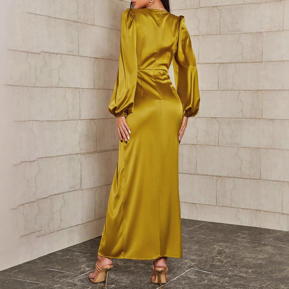 2025 Summer French High Waist Puff Sleeve Temperament Commuting Skirt Suit Yellow Long Skirt Loose Solid Color V-Neck Dress
