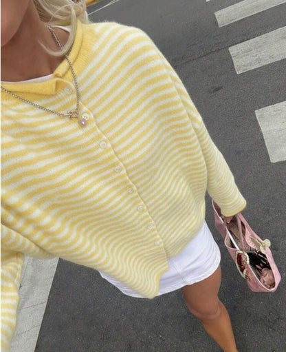 Women's Striped Knit Button-Front Long Sleeve Cardigan