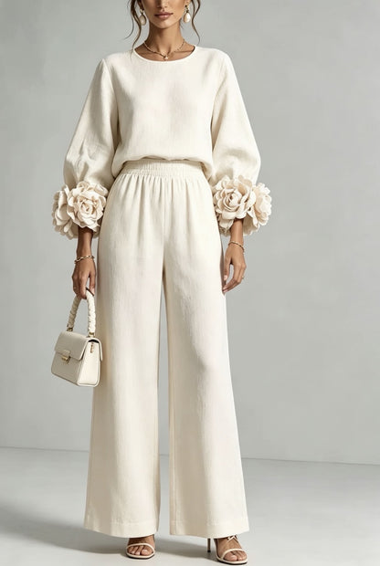 Women's Two-Piece Set Lantern Sleeve Top and Wide-Leg Pants Casual Loose Suit