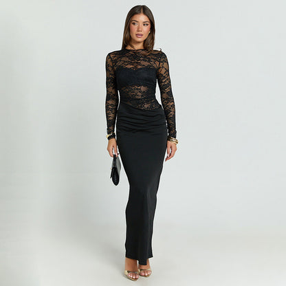 New solid-color lace long-sleeve bodycon spliced dress