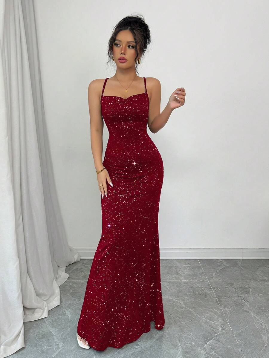 Women?s Sequined Halter Backless Mermaid Maxi Dress