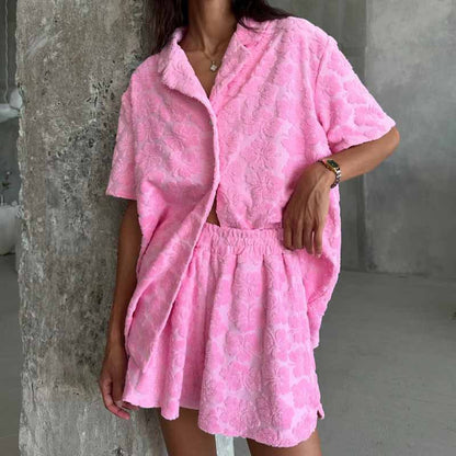 Women's Jacquard Floral Print Short Sleeve Pajama Two-Piece Set