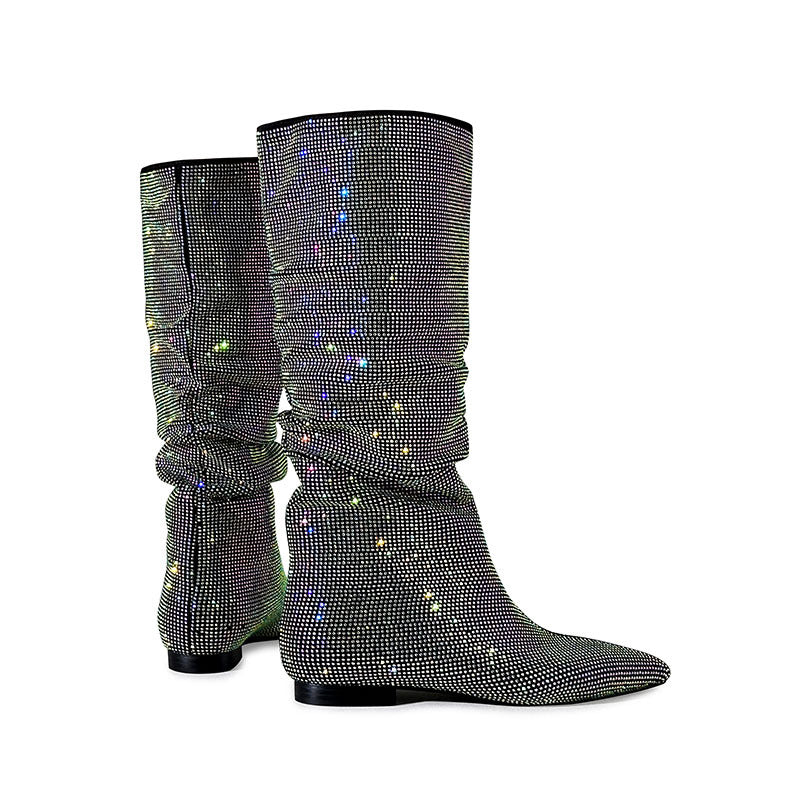 Pointed Flat Rhinestone Suede High Boots