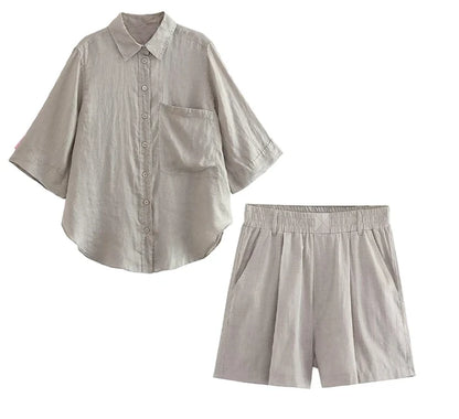 Fashion Cotton Linen Shorts Sets Women Summer Solid Single Breasted Lapel Blouse Wide Leg Elastic Waist Short Pant 2 Pieces Sets