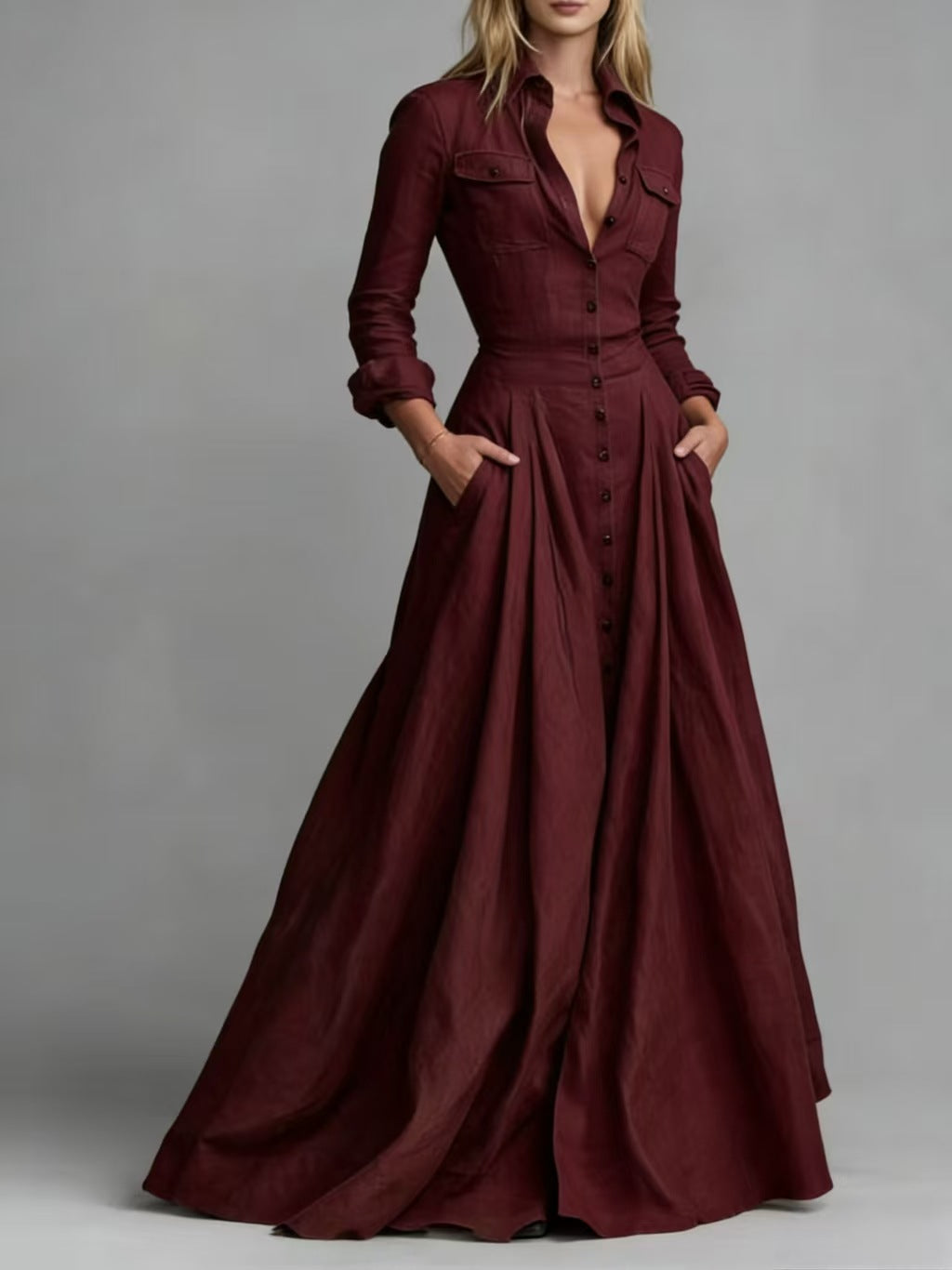 Elegant High-Waisted Maxi Dress with Long Sleeves and Turn-Down Collar Flared Silhouette Casual Women's Dress