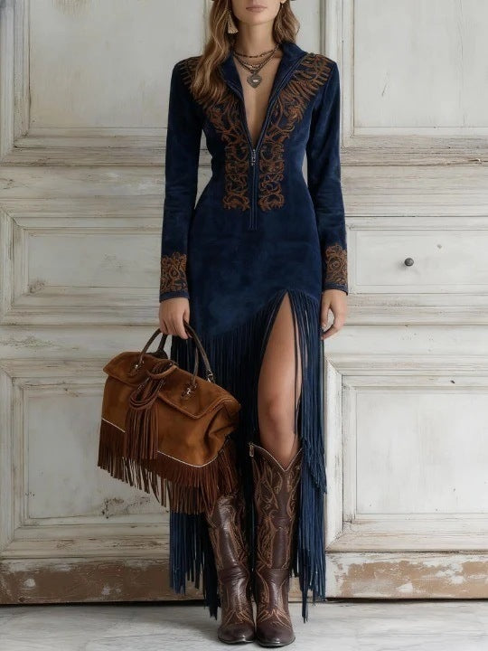 Retro Ethnic Tassel Floral Zipper Long Dress