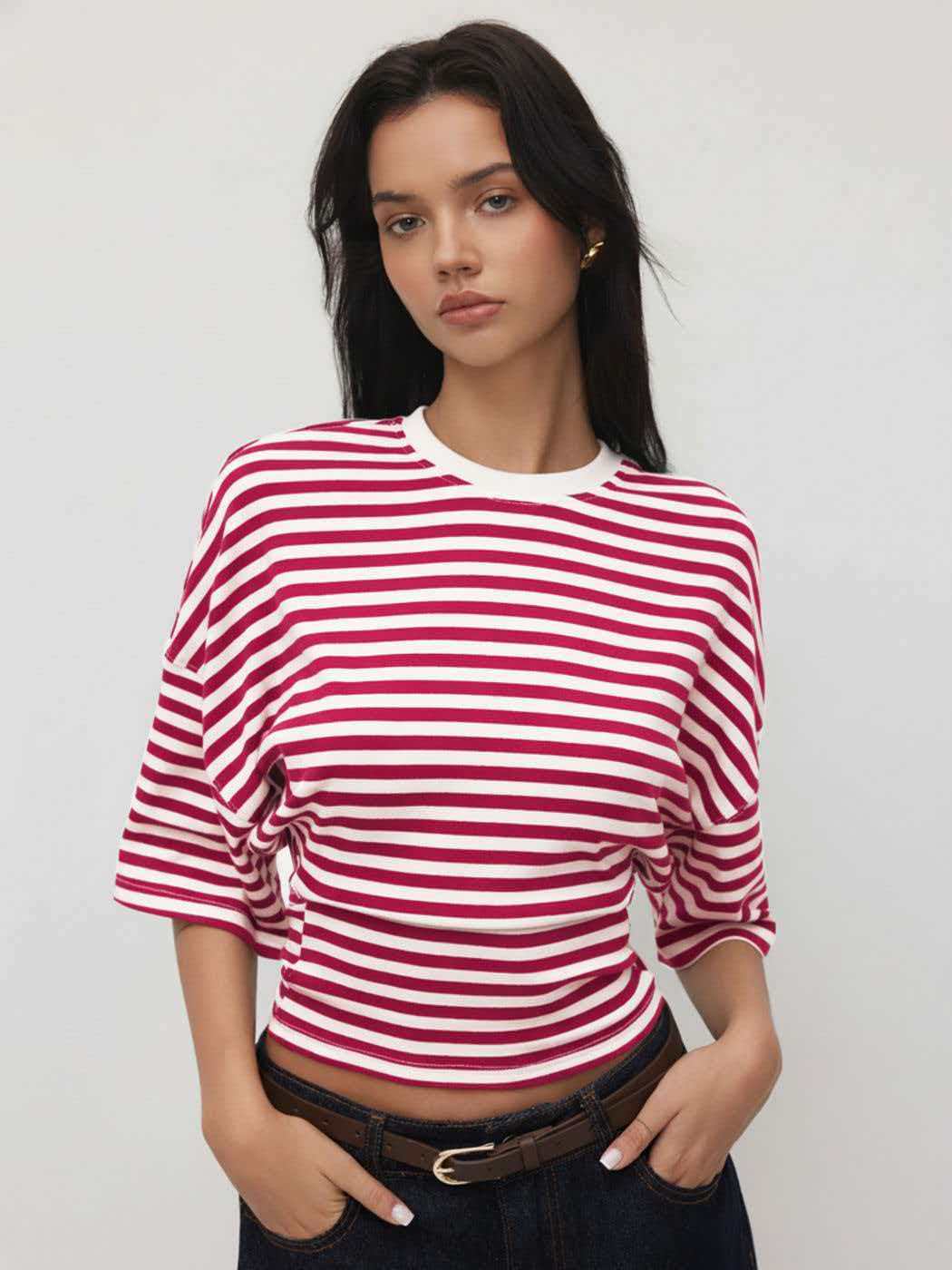 Zomerse t-shirt met ronde hals wijde 3/4 mouwen en strepen