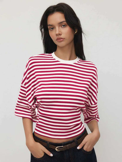 Zomerse t-shirt met ronde hals wijde 3/4 mouwen en strepen