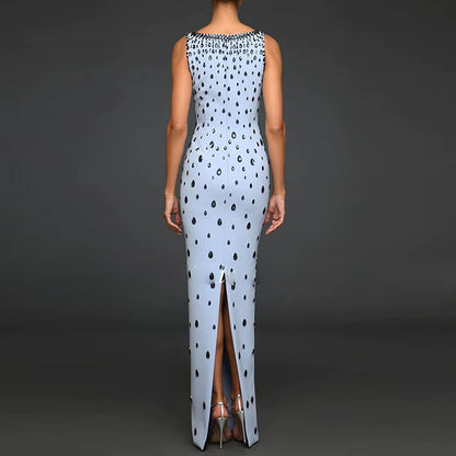 Women?s Hand-Stitched Rhinestone Beaded Sleeveless Long Dress Gown