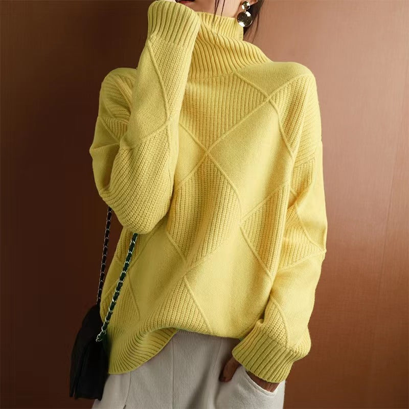 Womens Solid Color High Neck Diamond Pattern Loose Knitwear Sweater