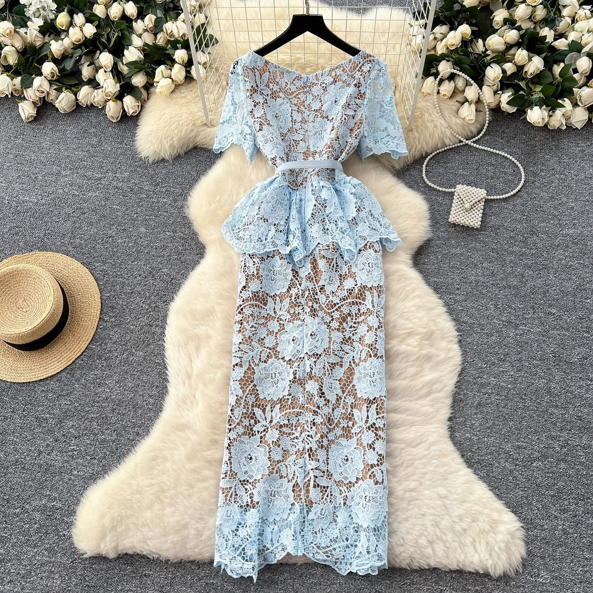 French-Style Hollow Lace Women Dress