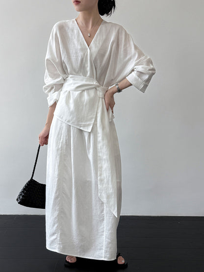 Linnen blouse met ceintuur en rokset voor dames