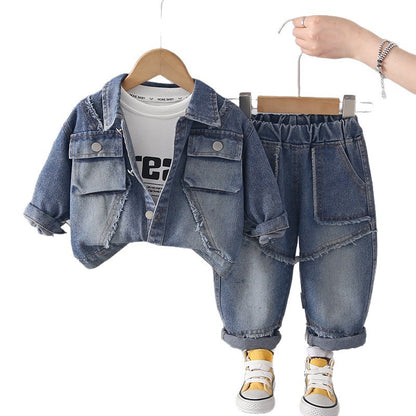 Clothing for male baby autumn denim long sleeved three piece set