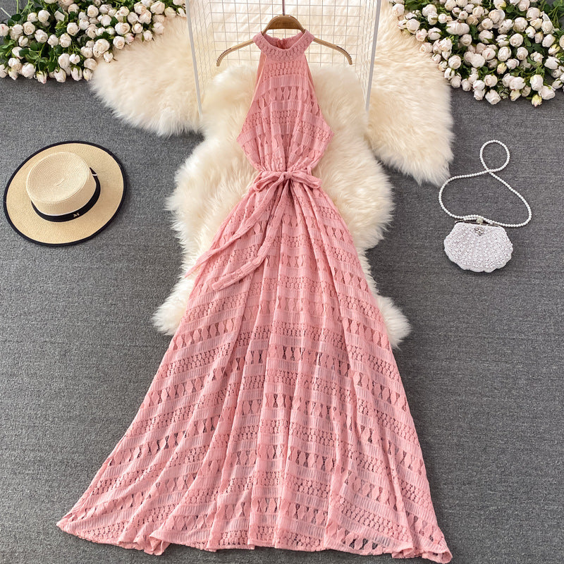Beach Dress Summer Halter Neck Off Shoulder Hollow Lace Dress Seaside Holiday Elegant Big Swing Long Skirt Summer