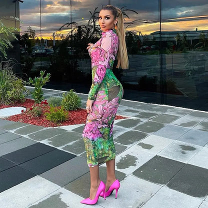 Dames lange mouwen hoge hals bodycon midi-jurk met bloemenprint