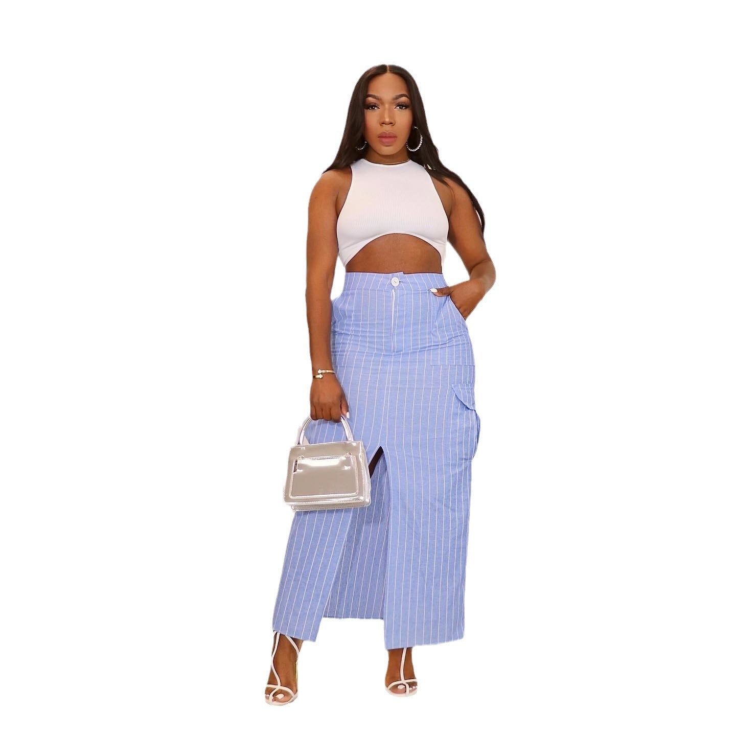 European and American women's summer new high waisted striped slit workwear skirt