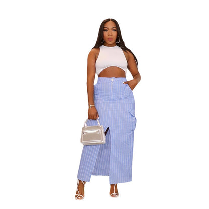 European and American women's summer new high waisted striped slit workwear skirt