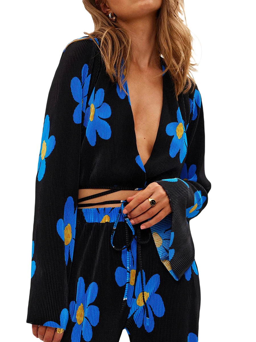 Floral Print Two-Piece Pants Suits Spring Summer Casual Women Pleated Sets Long Sleeve Tie Up Crop Tops+Loose Pants